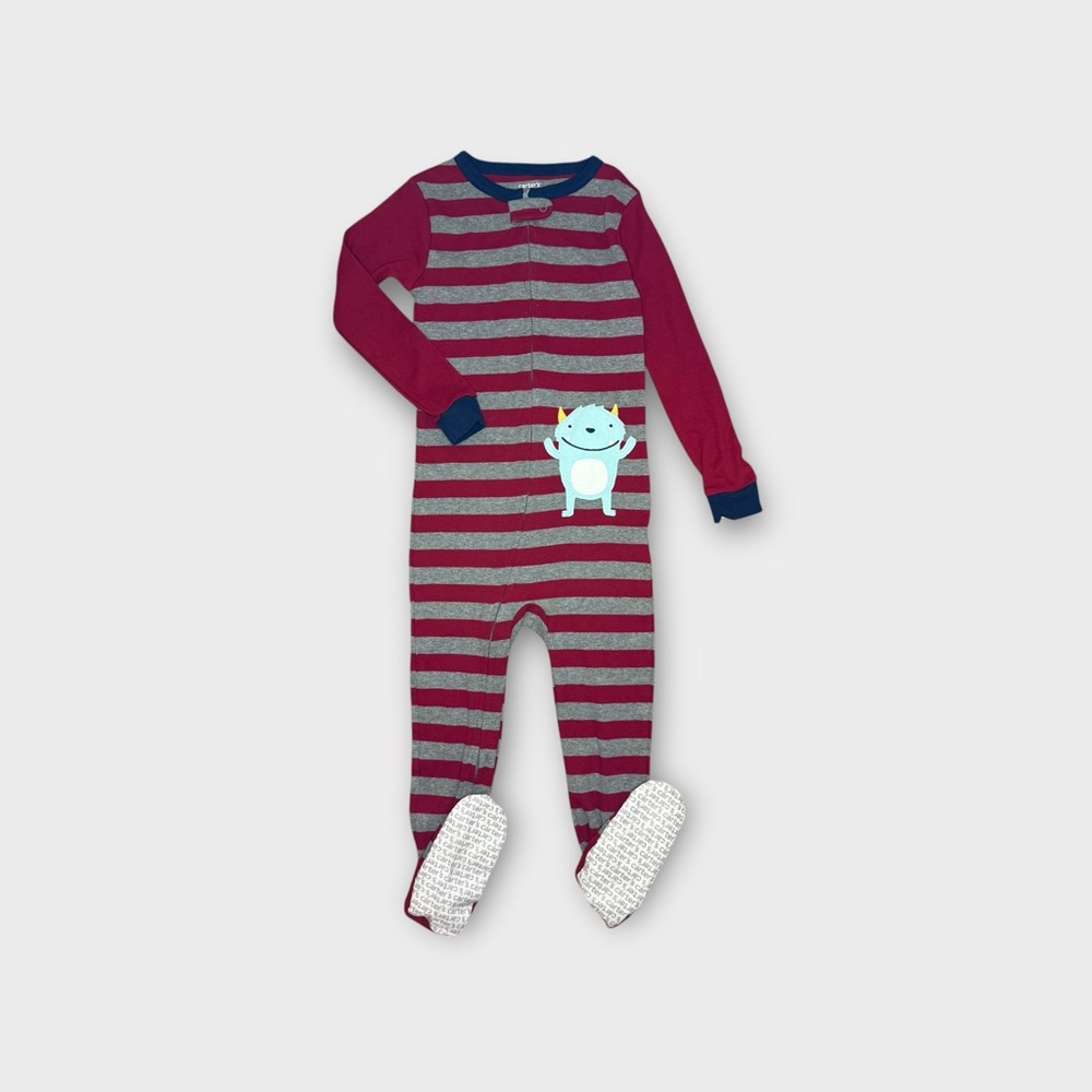 Carter’s Red & Gray Striped Monster Applique Footie Pajamas